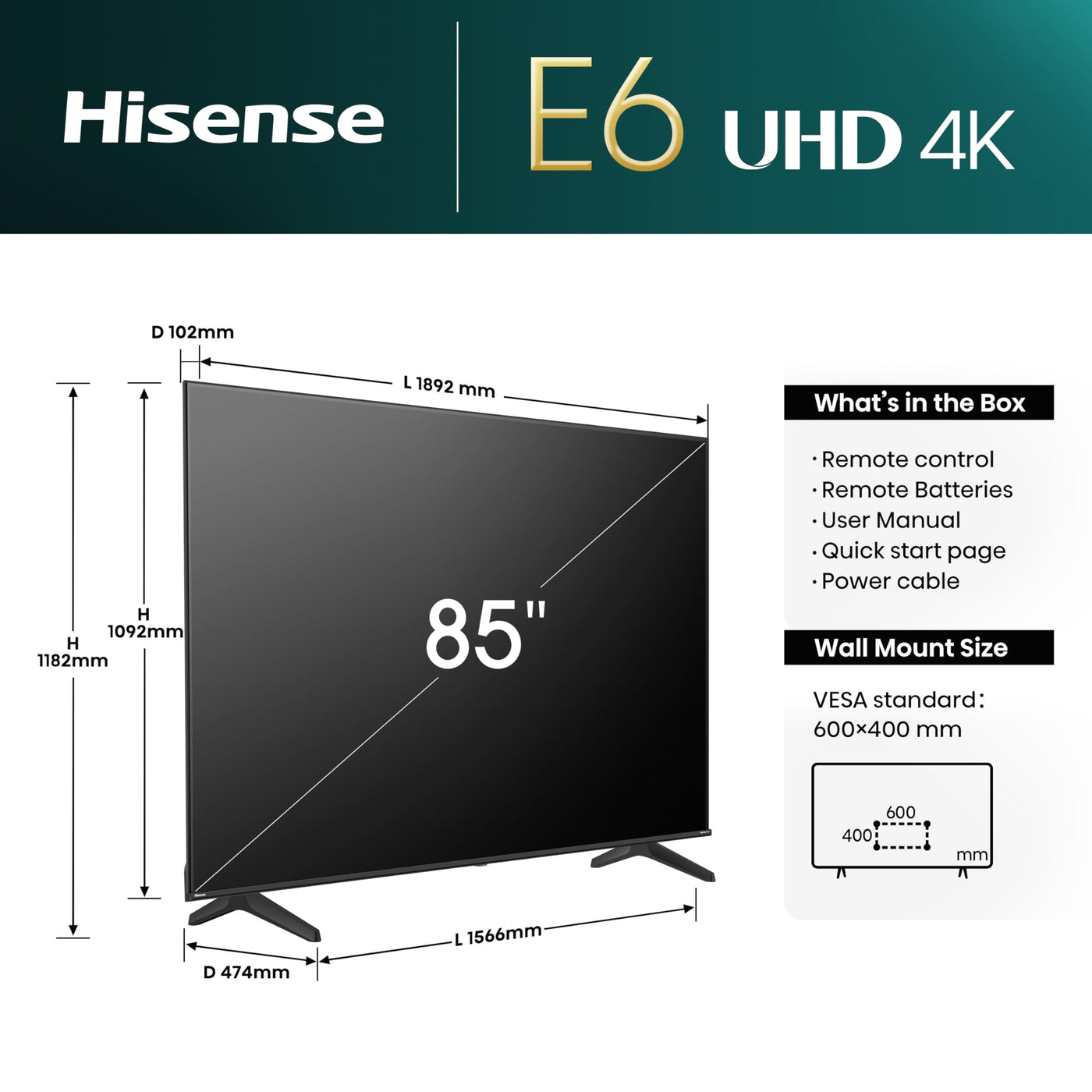 Hisense 85E6NT 214,78cm (85 Zoll) Fernseher, 4K UHD Smart TV, Precision Colour, HDR, Dolby Vision, 60Hz, Triple Tuner DVB-C/S/S2/T/T2, WiFi, HDMI 2.1, Bluetooth, Alexa Built-in, Schwarz, [2024]
