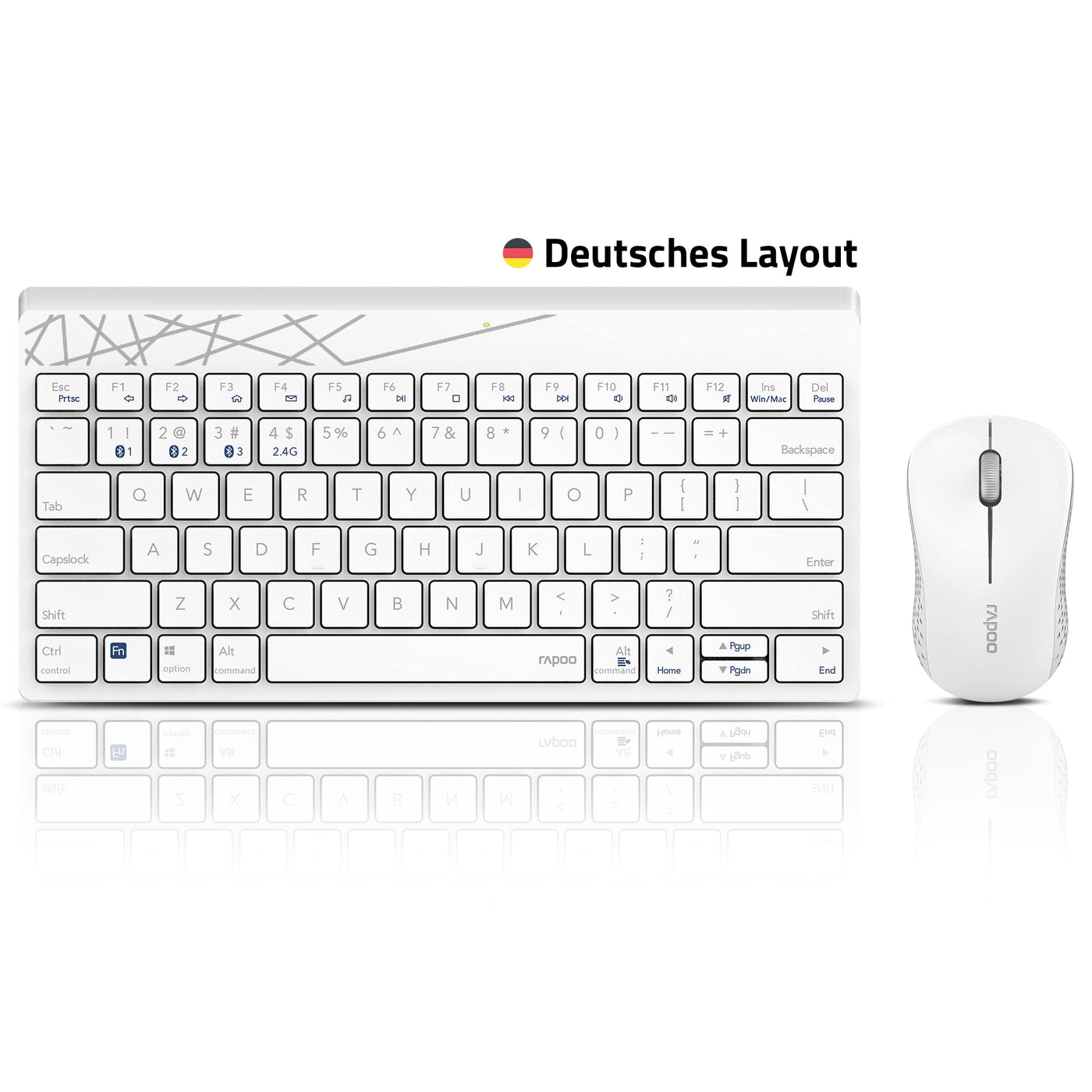 Rapoo 8000M kabelloses Tastatur-Maus Set Wireless Deskset 1300 DPI Sensor 12 Monate Batterielaufzeit kompakt DE-Layout QWERTZ PC & Mac - weiß