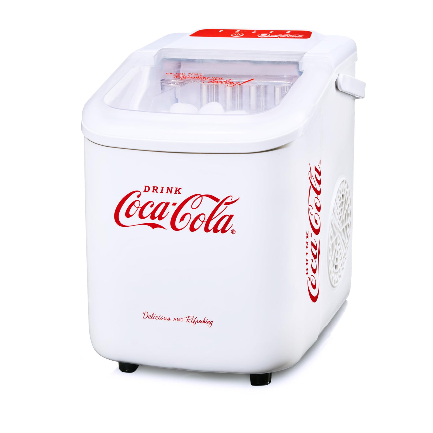 Salco Coca Cola Eiswürfelmaschine – Ice Maker mit 2 Eiswürfelgrößen – 10 kg Eiswürfel pro Tag – Retro-Design Weiß – Tragbare Eiswürfelmaschine für Cocktails, Getränke & Partys