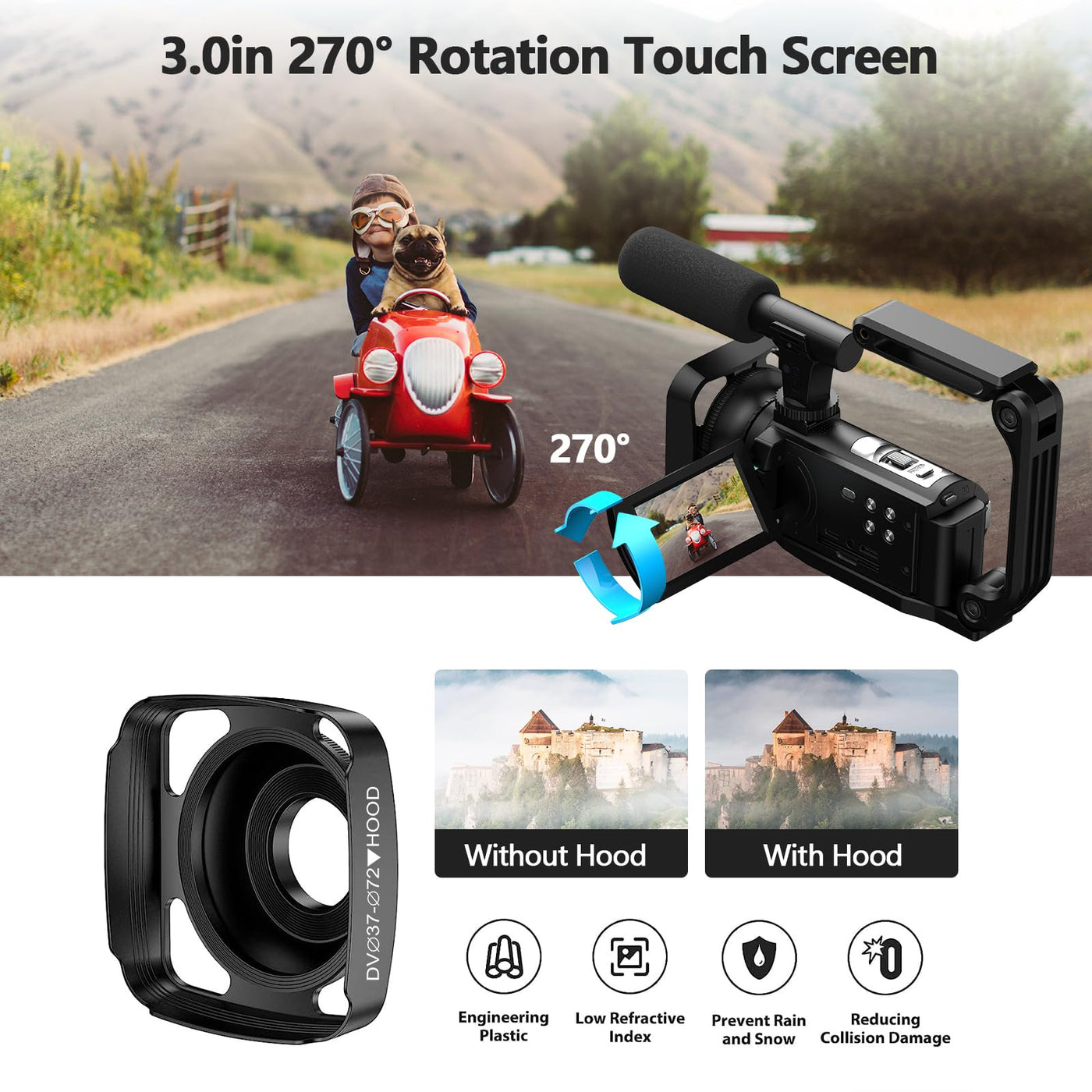 Videokamera 5K, 56MP Camcorder Vlogging Kamera für YouTube, WiFi Nachtsicht 3" 270° drehbarer Touchscreen Webcam Camcorder, Video Camera mit 64GB Karte, Fernbedienung, Mikrofon, 2 Batterien, Stativ