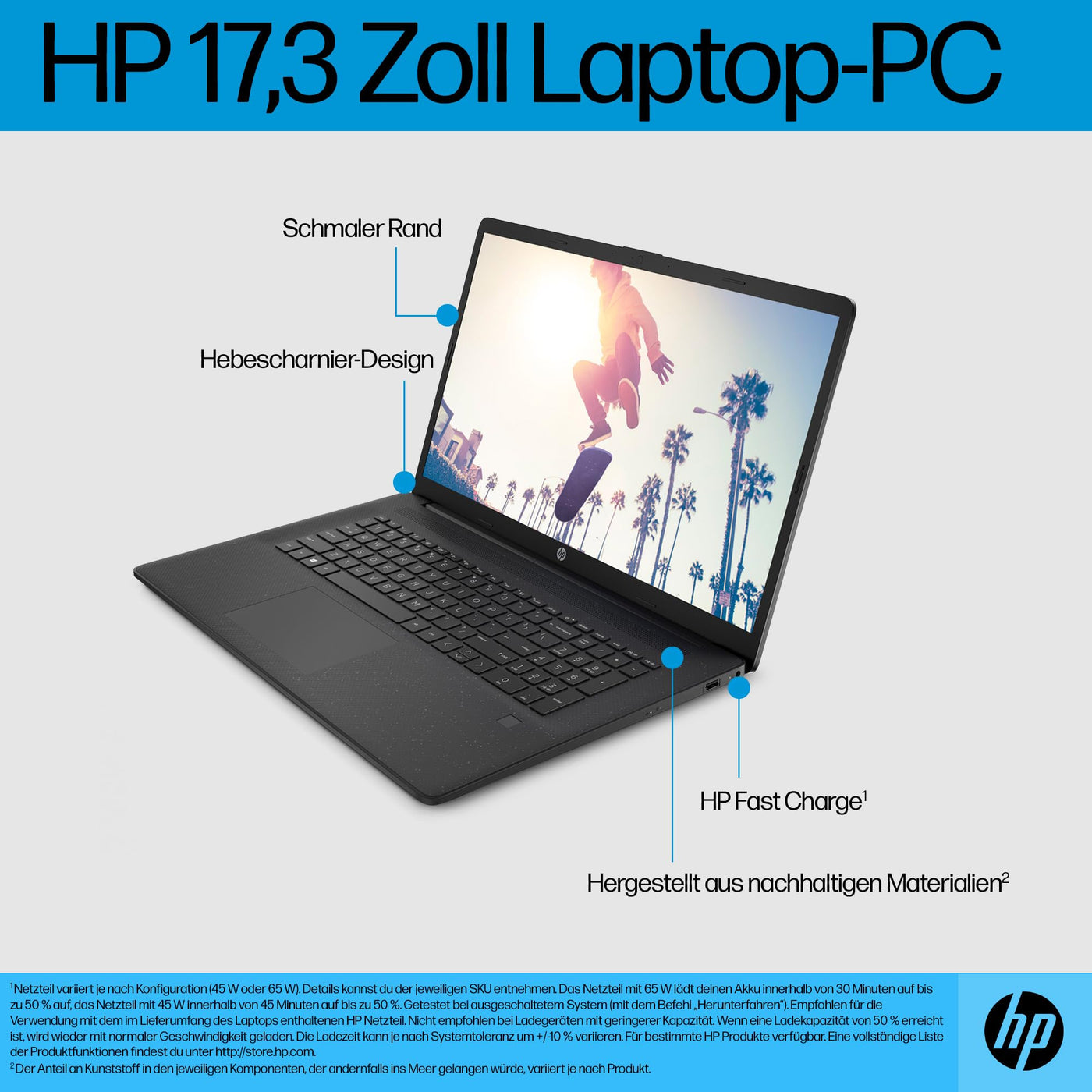 HP Laptop mit 17,3" FHD Display, AMD Ryzen 3 7320U, 8 GB DDR5 RAM, 512 GB SSD, AMD Radeon-Grafik, Windows 11, QWERTZ, Schwarz inkl. 25 GB Dropbox-Speicher für 12 Monate