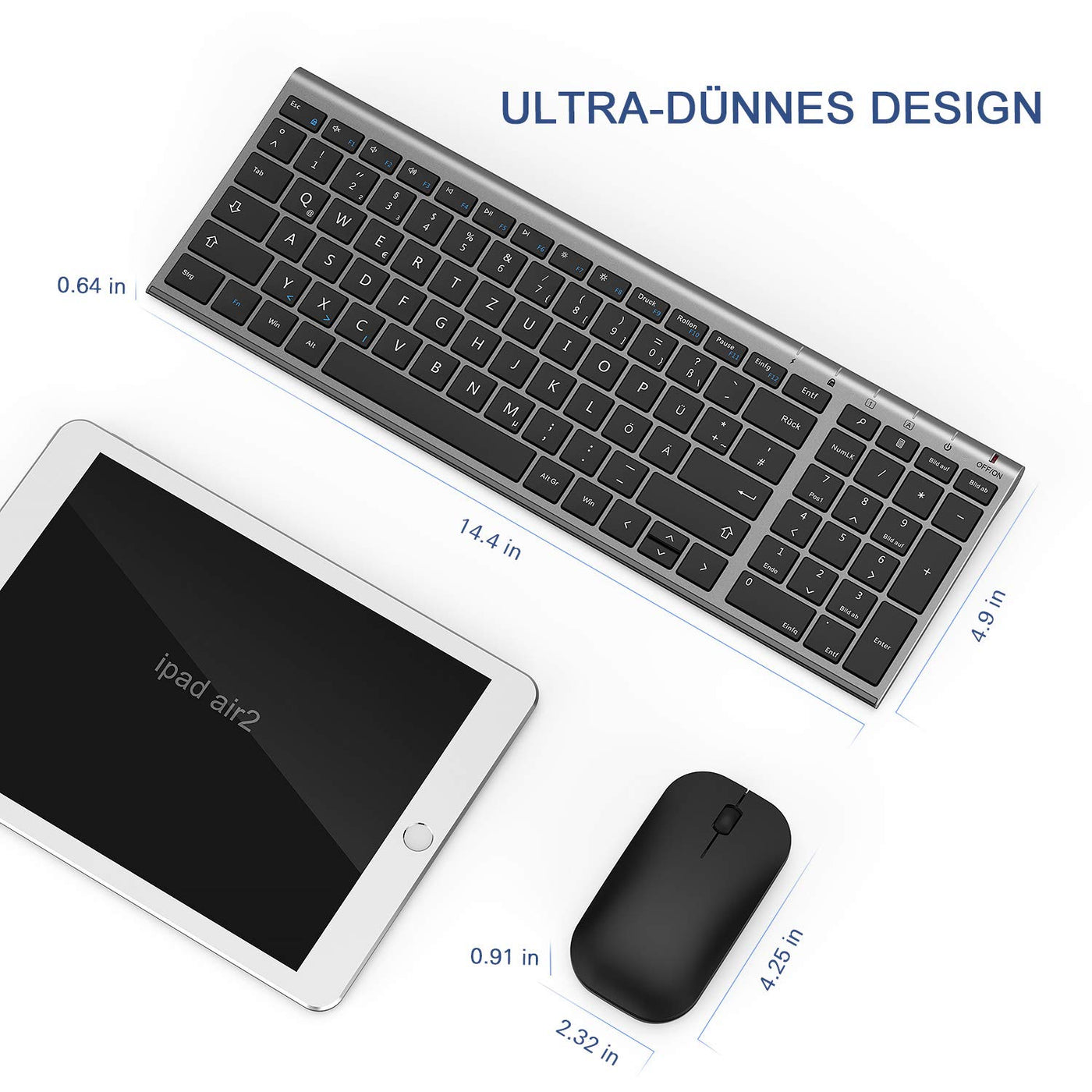 seenda Tastatur Maus Set Kabellos, Wiederaufladbare Kleine Funktastatur mit Maus, Leise Tastatur mit Aluminiumgehäuse für PC/Laptop/Smart TV, QWERTZ Layout, Grau