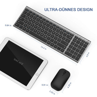 seenda Tastatur Maus Set Kabellos, Wiederaufladbare Kleine Funktastatur mit Maus, Leise Tastatur mit Aluminiumgehäuse für PC/Laptop/Smart TV, QWERTZ Layout, Grau