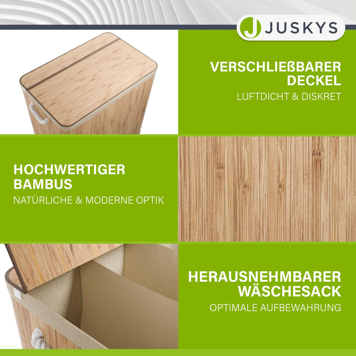 Juskys Bambus Wäschekorb Curly Natur 150L - Hygienischer Wäschekorb mit Deckel, Tragegriff & Wäschesack - 3 Fächer - Natürliche Bambus Optik