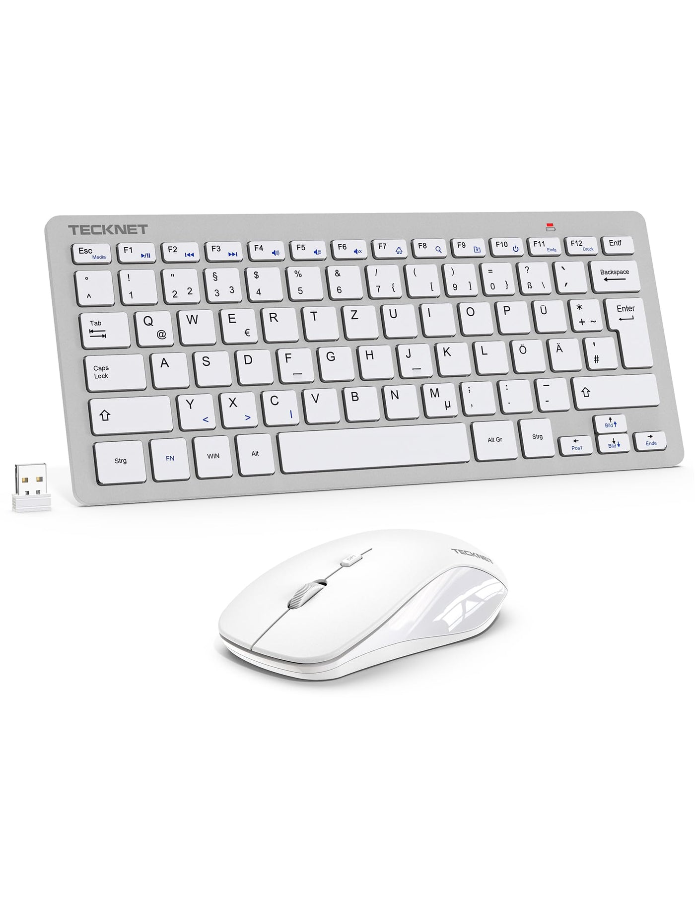 TECKNET Kabelloses Tastatur Maus Set, Deutsch QWERTZ Layout, 2.4 GHz Funk Mini Tastatur Mouse, 15m Reichweite Verbindung, Wireless Leise Funktastatur mit Maus für PC, Laptop, Smart TV, Silber