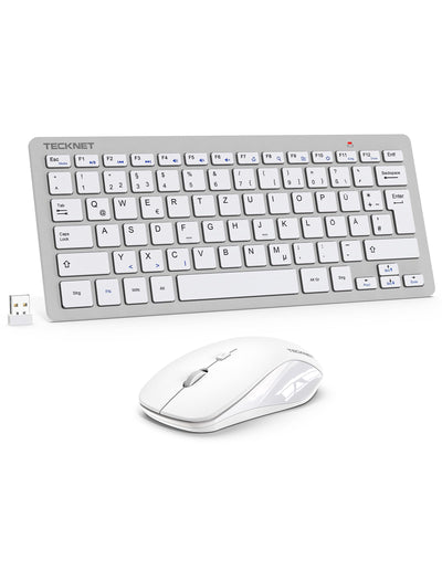 TECKNET Kabelloses Tastatur Maus Set, Deutsch QWERTZ Layout, 2.4 GHz Funk Mini Tastatur Mouse, 15m Reichweite Verbindung, Wireless Leise Funktastatur mit Maus für PC, Laptop, Smart TV, Silber