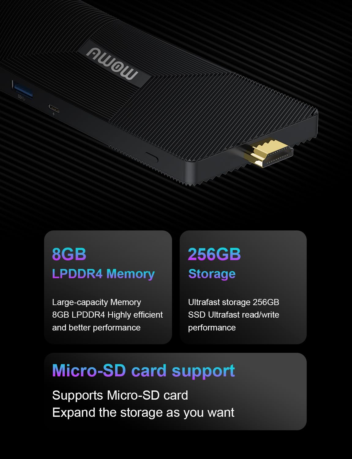 AWOW Mini PC Stick, Gen12 N100 Quad Core 3.40 GHz, Mini Computer Stick 8 GB DDR4 256 GB ROM, Wi-11 Pro mit Unterstützung für HDMI 2.0 und Mini DP 1.2 Dual 4K@60Hz, Gigabit Ethernet Port