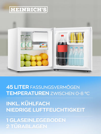 HEINRICHS Getränkekühlschrank 45L klein kompakt leise: 39db mit Kühlfach Mini-Bar; Tisch-Kühlschrank; Mini Kühlschrank mit separatem Kühlfach; perfekt geeignet für Büro Camping Garten Outdoor (Weiß)