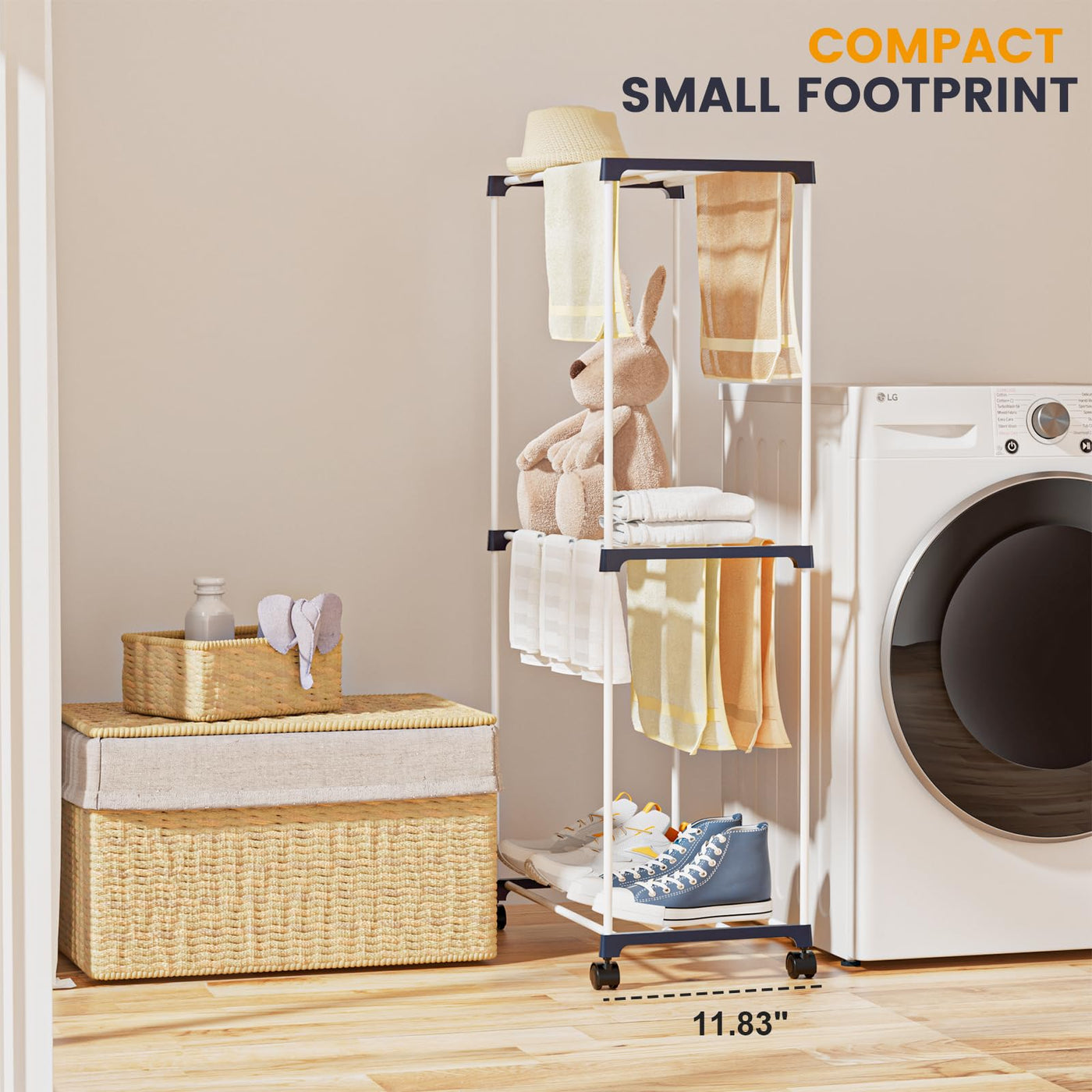 johgee Kleines Wäscheständer, Freistehender Handtuchhalter, Platzsparender Wäschetrockner Turm mit Rollen, Indoor-Trockenständer für Bäder, Wohnungen und Waschküchen 3 Ebenen