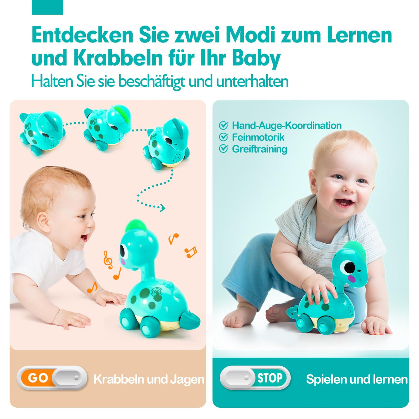 CubicFun Musik Dinosaurier Baby Spielzeug ab 6 9 12 Monate, Krabbelspielzeug mit Licht & Sound,Interaktives Krabbel Dino Baby Spielzeug 6 Monate,Tummy Time Toys,Weihnachten Geschenke für Junge Mädchen