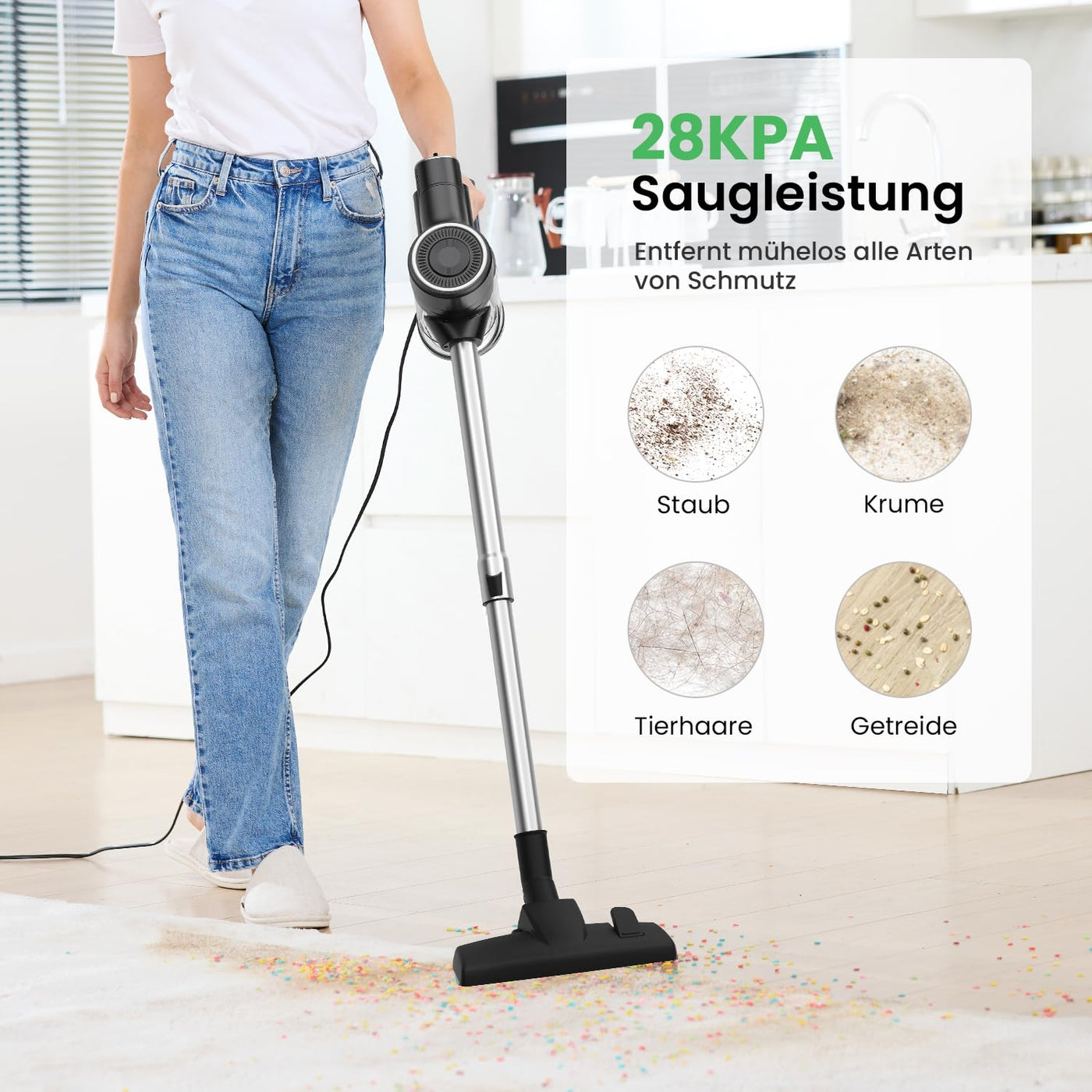 Vexilar 5-in-1 Staubsauger, 600W/28KPa Staubsauger mit Kabel, Leicht Handstaubsauger mit 7m Kabellänge, 800ml Staubbehälter, Stielstaubsauger mit Kabel für Boden, Teppich, Haare