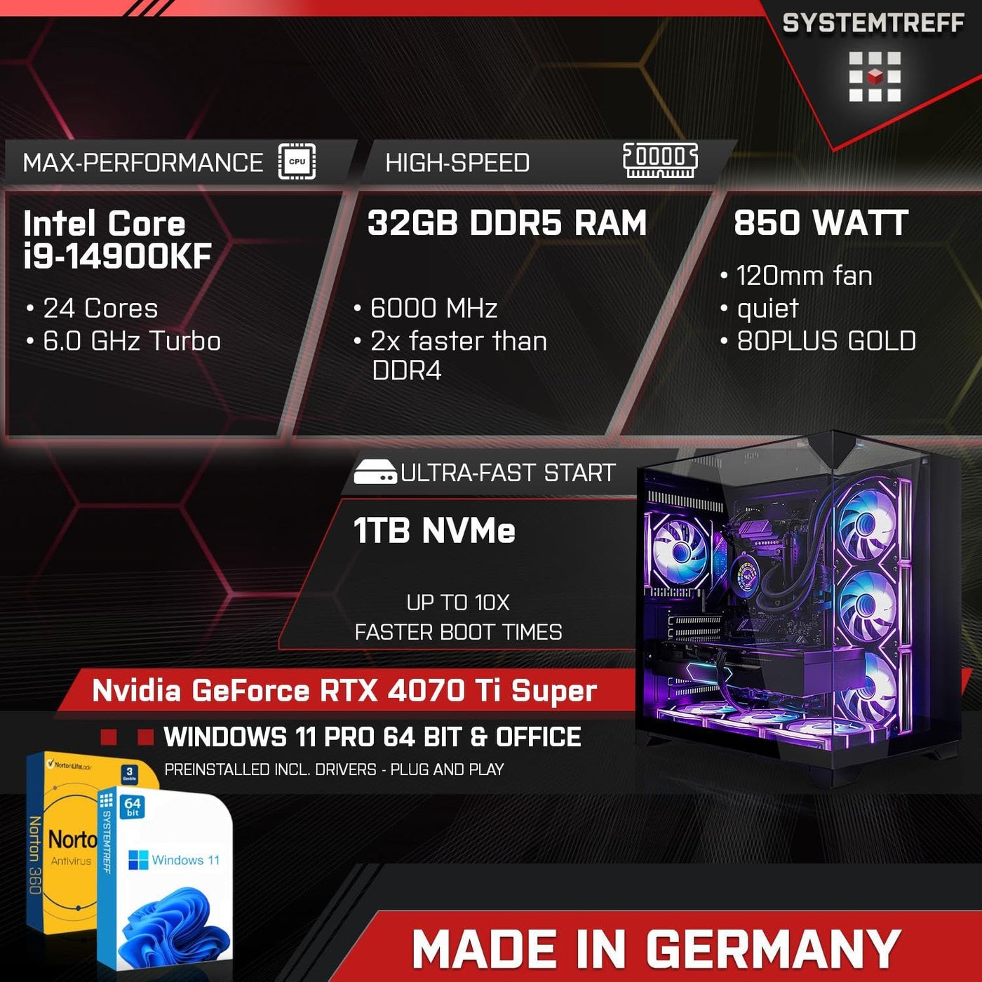 SYSTEMTREFF High-End Gaming PC Intel Core i9-14900KF 24x6GHz | Nvidia RTX 4070 Ti Super 16GB DX12 | 1TB M.2 NVMe | 32GB DDR5 RAM | WLAN Desktop Computer Rechner für Gamer, Zocker & Streamer