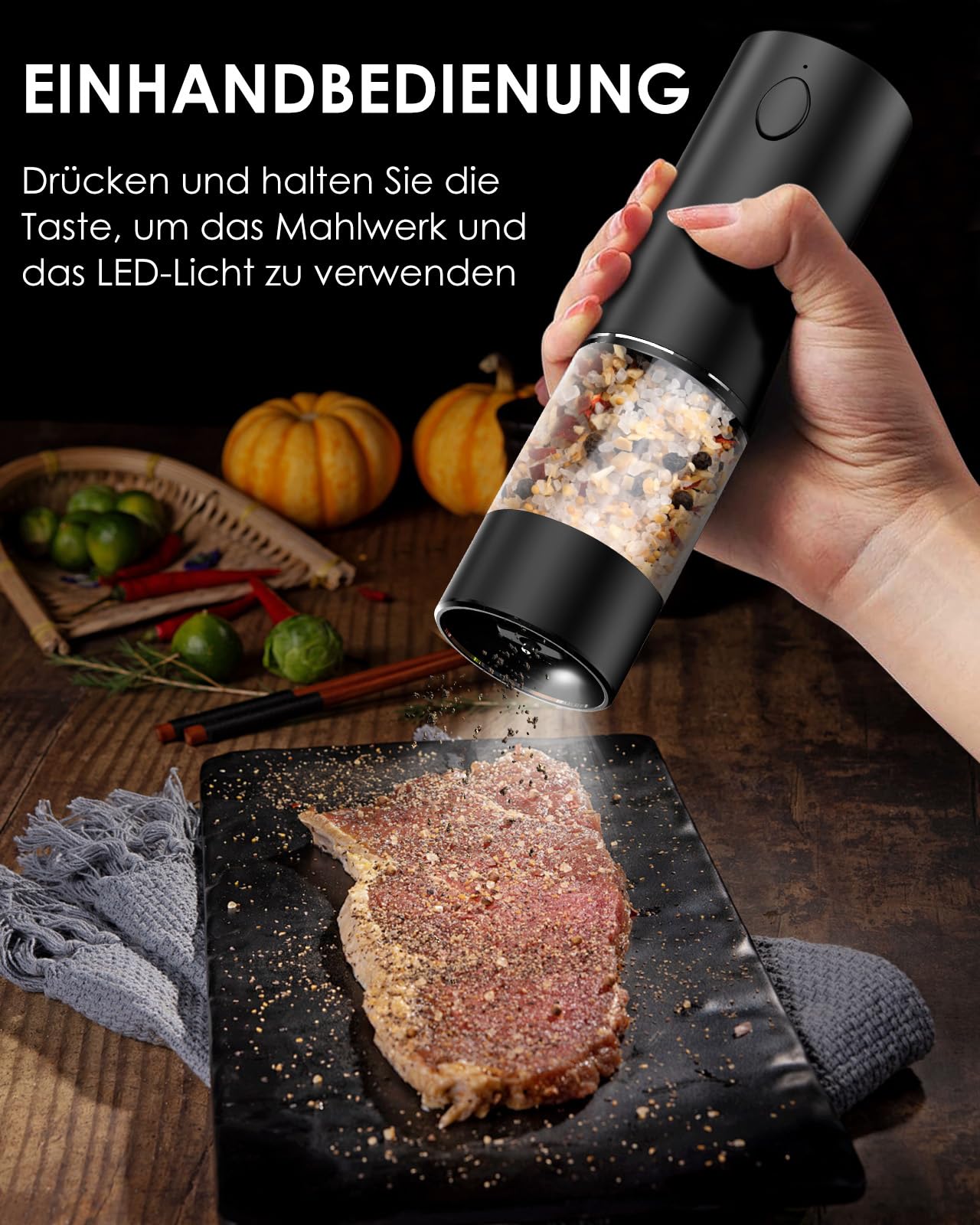 IIRARA Salz und Pfeffermühlen elektrisch 2er Set mit einstellbarem Keramikmahlwerk, Gewürzmühle elektrisch mit LED-Licht Type-c Wiederaufladbar Einhandbedienung mit Reinigungspinsel Löffel schwarz