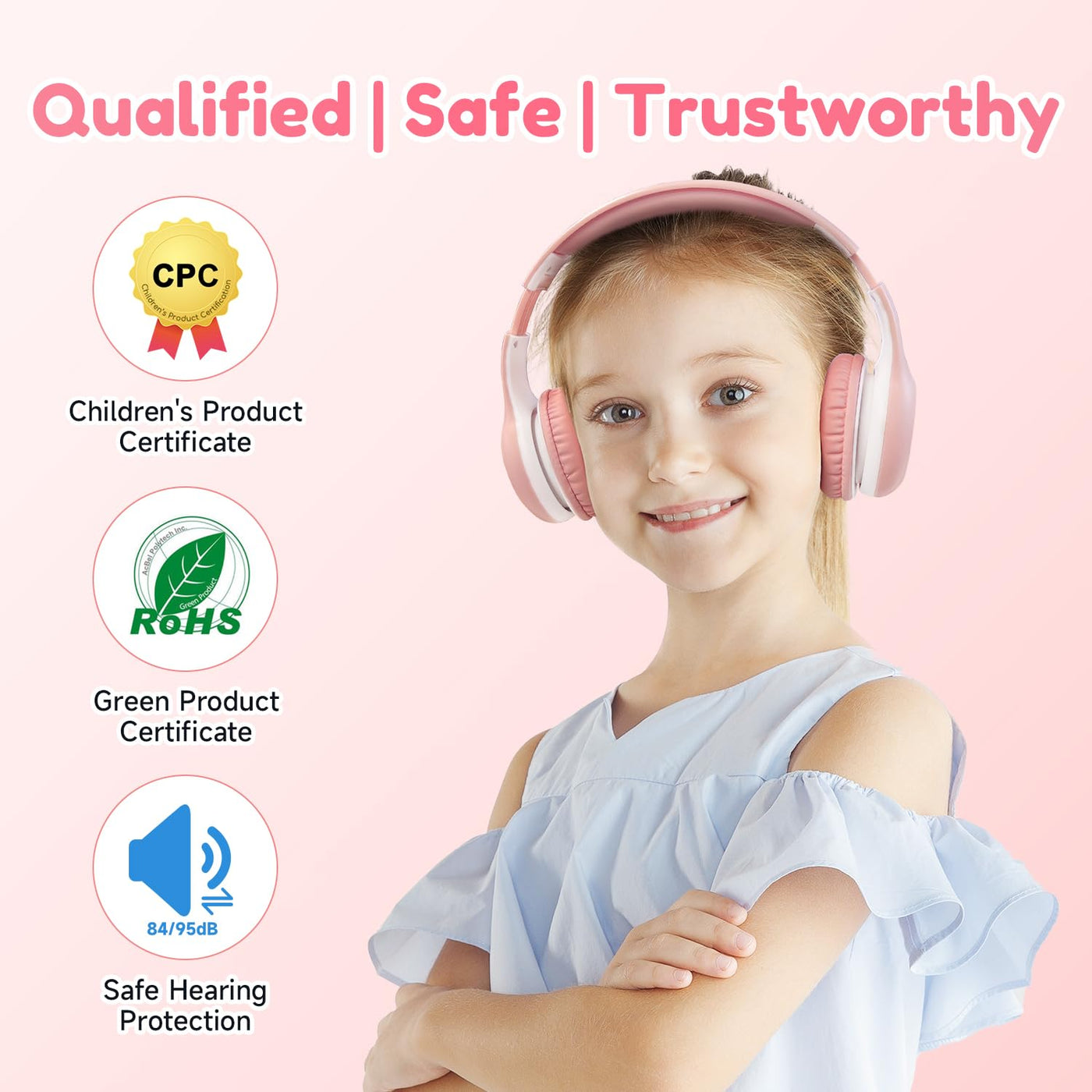 EarFun Bluetooth Kopfhörer Kinder, 85/94dB Lautstärkeregelung, HiFi Sound, HD-Mikrofon, 40 Std Akku, Faltbare, Einstellbar, Kopfhörer Kabellos Bluetooth Kinder für Schule/Reise, Rosa