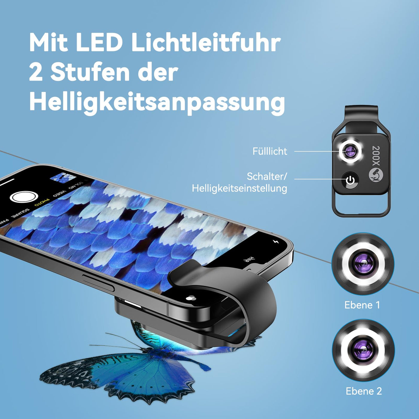 Evil eye 200 x Telefonmikroskop für Kinder Mini-Mikroskop mit CPL 2 Helligkeitsmodi Keine App erforderlich für Microworld