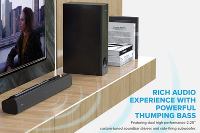 Creative Stage V2 2.1 Soundbar mit Subwoofer, Clear Dialog und Surround von Sound Blaster, Bluetooth 5.0, TV ARC, Optical sowie USB Audio, Wandmontage möglich, Bass- und Höheneinstellung, für TV