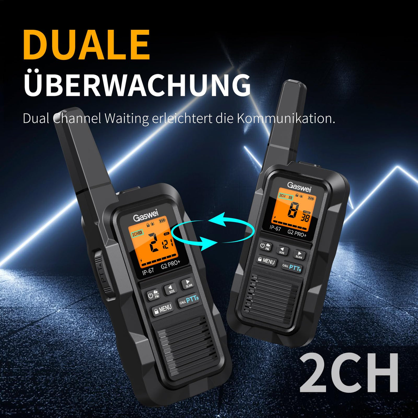 Gaswei G2Pro Professionelle Walkie-Talkies für Erwachsene [IP67 wasserdicht & schwimmfähig] Langstrecken-Funkgerät mit Doppel-PTT, SOS-Alarm,FM-Radio + Akku für Outdoor, (2er-Set in Schwarz)