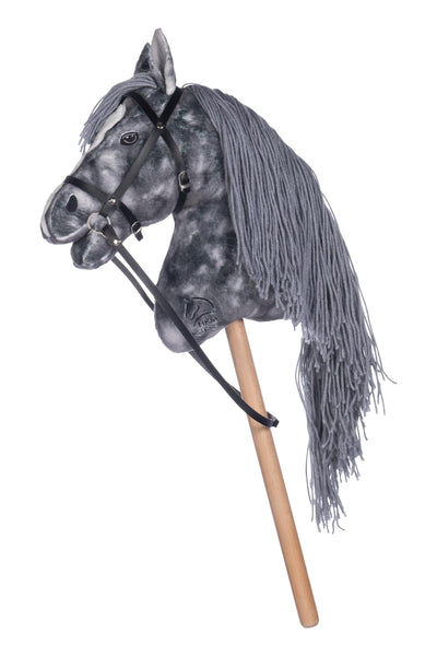 HKM Hobby Horse Beni – Steckenpferd Silbergrau, abnehmbare Trense & Lange Mähne, 40 cm Holzstiel – für Hobby Horsing Dressur & Parcours