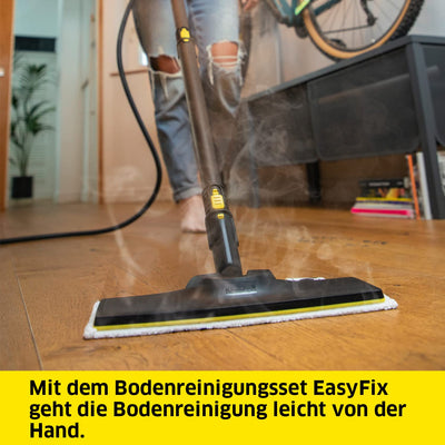 Kärcher Dampfreiniger SC 2 EasyFix, Dampfdruck: 3,2 bar, Aufheizzeit: 6,5 min., Leistung: 1.500 W, Flächenleistung: 75 m², Tank: 1 l, mit Bodenreinigungsset EasyFix, Düsen und Mikrofaserbezug, Gelb