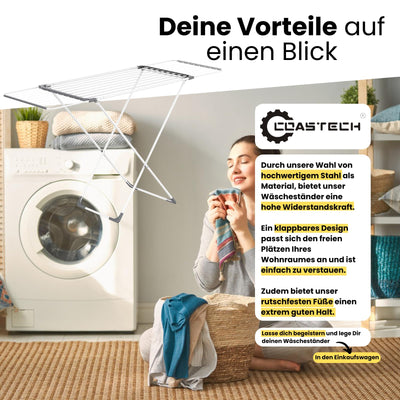 Coastech Wäscheständer - Ausziehbarer Wäscheständer für stabiles, rutschfestes und platzsparendes Wäschetrocknen - 136cm x 5.5cm x 57cm