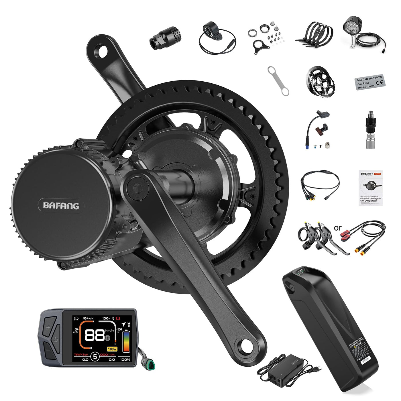BAFANG Mittelmotor 250W 36V BBS01B CAN Version Elektrofahrrad Umbausatz mit EKD01 Mehrsprachig Ebike Display, für 68mm Tretlager Mountainbike, Rennrad, Pendlerfahrrad