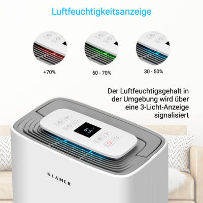 KLAMER Luftentfeuchter elektrisch 25L, 195m³ Luftumwälzung pro Stunde, 420W starker Raumentfeuchter, Entfeuchter mit bis zu 5,5 Liter Fassungsvermögen