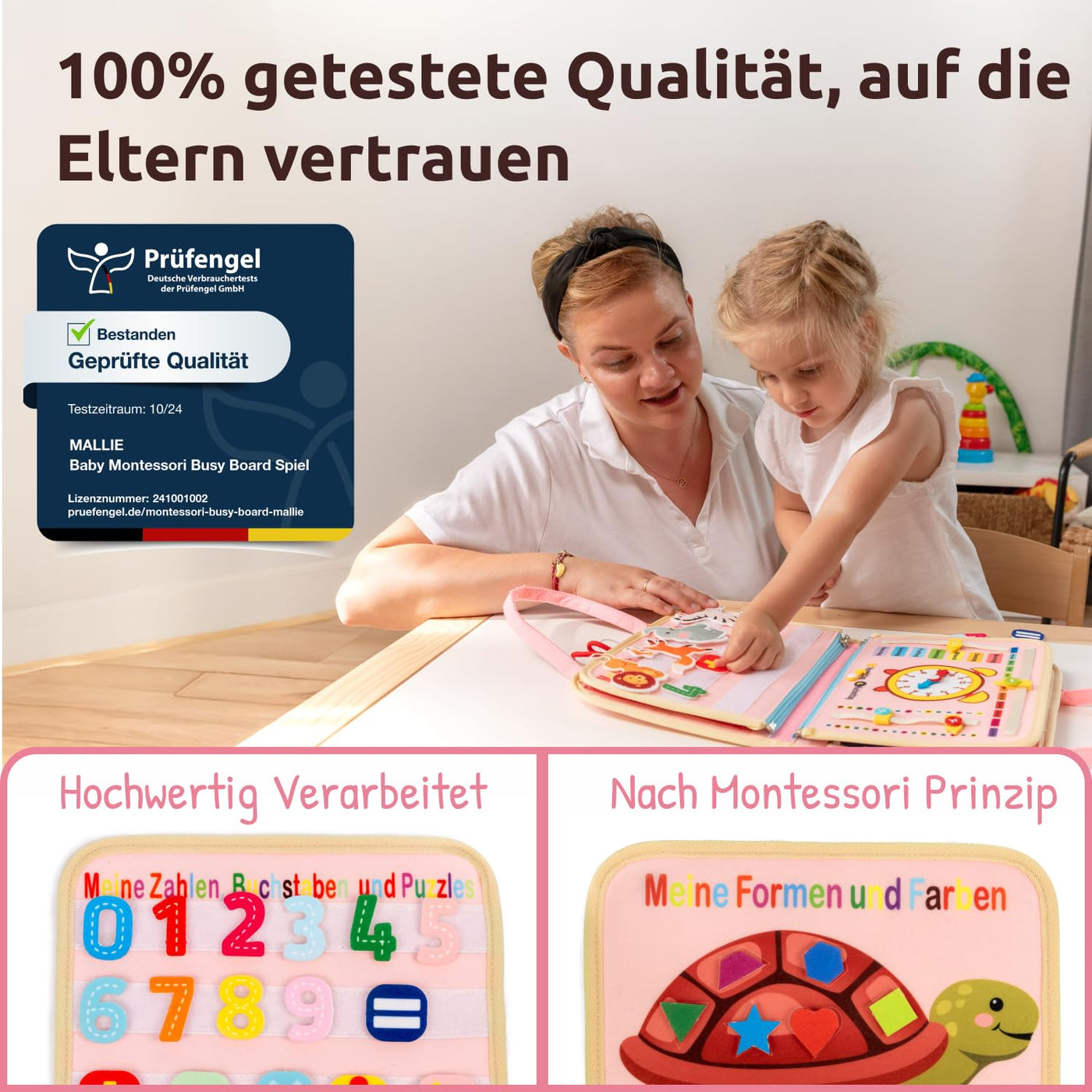 Mallie® Busy Board Deutsch inkl. Gratis Reisetasche & Montessori Buch und Perfekt für Reisen im Auto, Zug oder Flugzeug I100% BPA-Frei als Quiet Book & Busy Book I Activity Board Busy Book