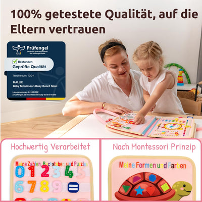 Mallie® Busy Board Deutsch inkl. Gratis Reisetasche & Montessori Buch und Perfekt für Reisen im Auto, Zug oder Flugzeug I100% BPA-Frei als Quiet Book & Busy Book I Activity Board Busy Book