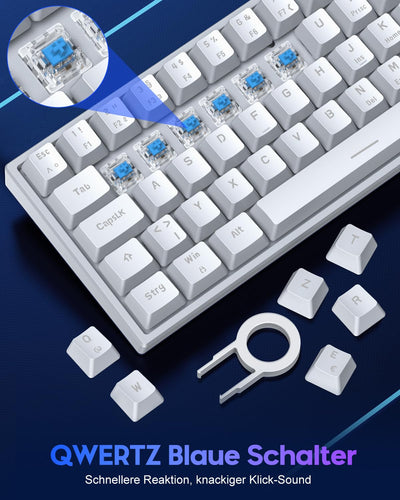 TECURS Gaming Tastatur, Mechanische Tastatur 60% TKL QWERTZ Blaue Schalter, Gamer Tastatur Kabelgebunden 61 Tasten für PC Windows/PS5/PS4, Weiß