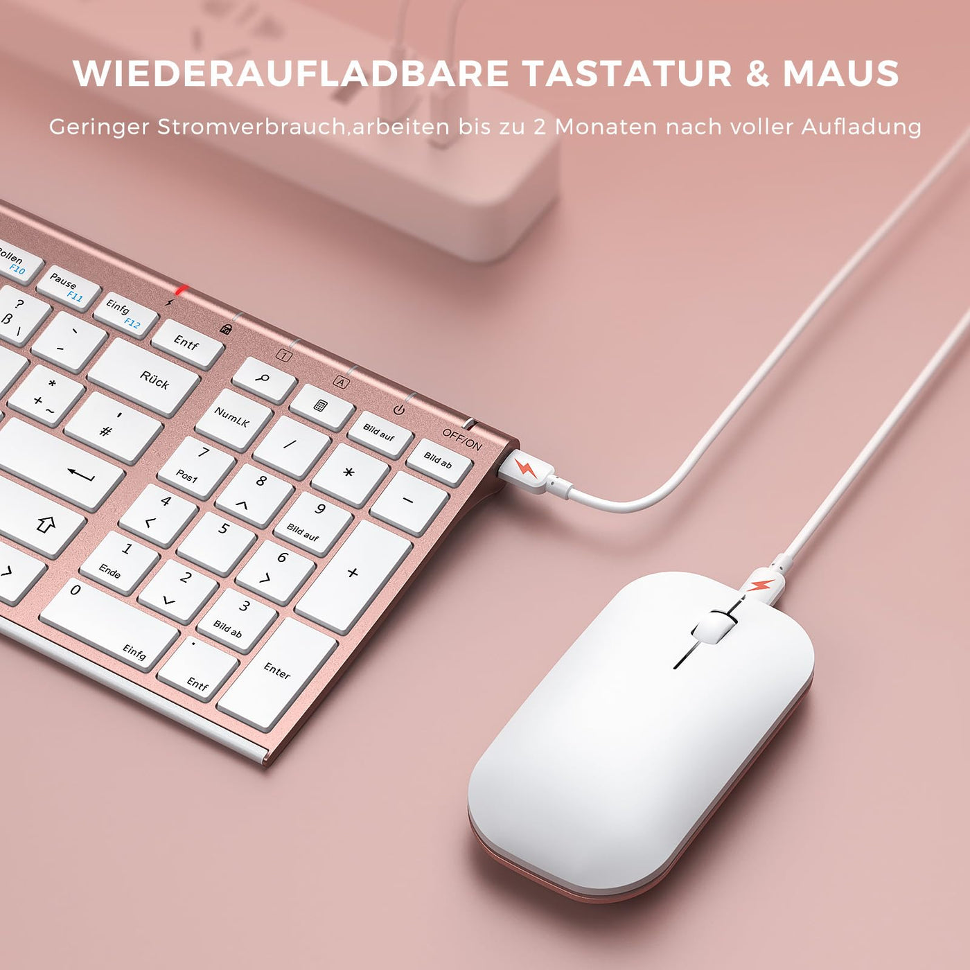 seenda Tastatur Maus Set Kabellos, Wiederaufladbare Aluminium Tastatur mit kompaktes Design, Ultradünne und Leise Funktastatur mit Maus für PC/Laptop/Smart TV, 1200 DPI, QWERTZ Layout, Weiß&Rosagold
