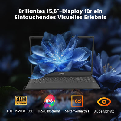 Azeyou 15,6" FHD IPS Laptop für Beruf und Studium, AMD Ryzen 3 3200U Prozessor, 16 GB RAM, 512 GB SSD, 5G WiFi, Bluetooth 5.0, Win 11 Pro, HDMI, USB-C, SD-Kartenleser, Ziffernblock, Webcam, QWERTZ