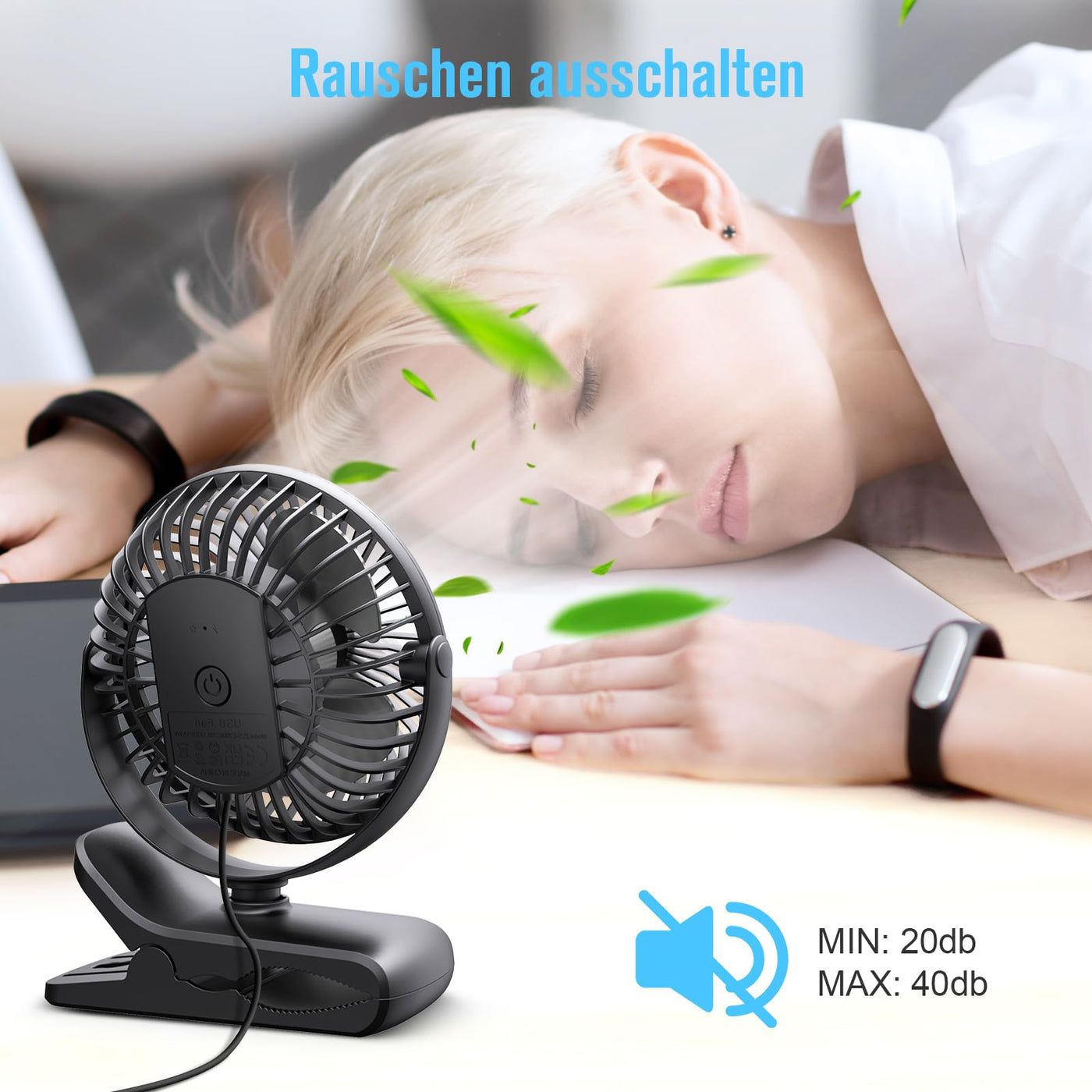 HONYIN Mini Ventilator mit Clip, 720 Grad Drehung Kleiner USB Ventilator, Starke + Stabile Klammer, 3 Geschwindigkeitsstufen, Ideal als Tischventilator im Büro und Schlafzimme