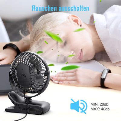 HONYIN Mini Ventilator mit Clip, 720 Grad Drehung Kleiner USB Ventilator, Starke + Stabile Klammer, 3 Geschwindigkeitsstufen, Ideal als Tischventilator im Büro und Schlafzimme