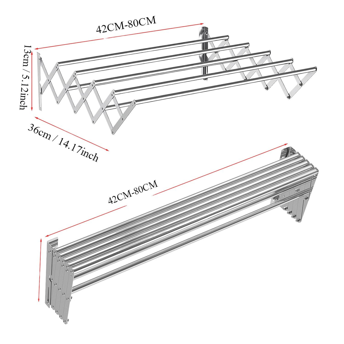 IBVIVIC Wäscheständer zur Wandmontage Wandtrockner ausziehbar aus Edelstahl mit 7 Stangen, platzsparend kompakt, Tragkraft 25 kg, Silber