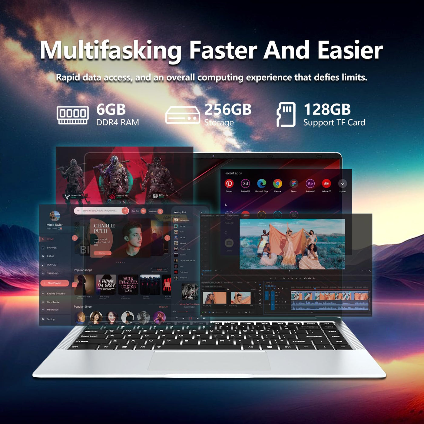 14,1 Zoll Laptop, Notebook 6 GB RAM 256 GB SSD, Celeron N4000 CPU, 180° Flip Screen FHD 1080P, Win 11 Pro Laptop mit Mini-HDMI, USB 3.0, 5000 mAh Akku, Silber Schlanker und leichter PC-Computer