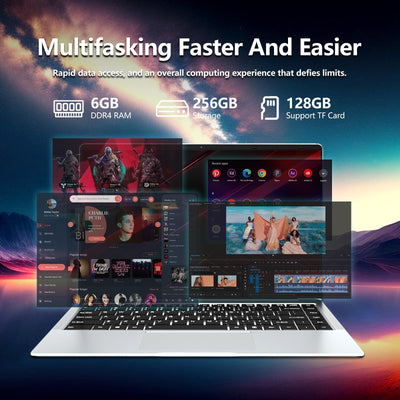 14,1 Zoll Laptop, Notebook 6 GB RAM 256 GB SSD, Celeron N4000 CPU, 180° Flip Screen FHD 1080P, Win 11 Pro Laptop mit Mini-HDMI, USB 3.0, 5000 mAh Akku, Silber Schlanker und leichter PC-Computer