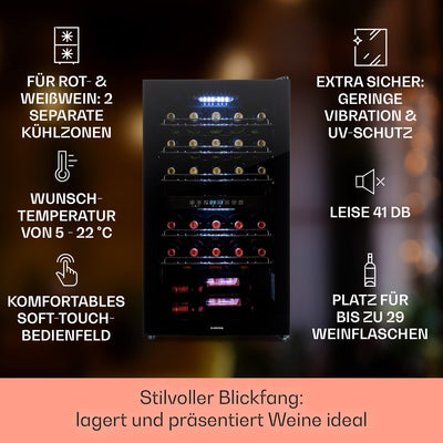 Klarstein Weinkühlschrank, 2 Zonen Getränkekühlschrank Klein, Freistehender Kleiner Weinschrank 80L, Wein-Kühlschrank mit Glastür, Indoor/Outdoor Flaschenkühlschrank, Wine Fridge 29 Flaschen