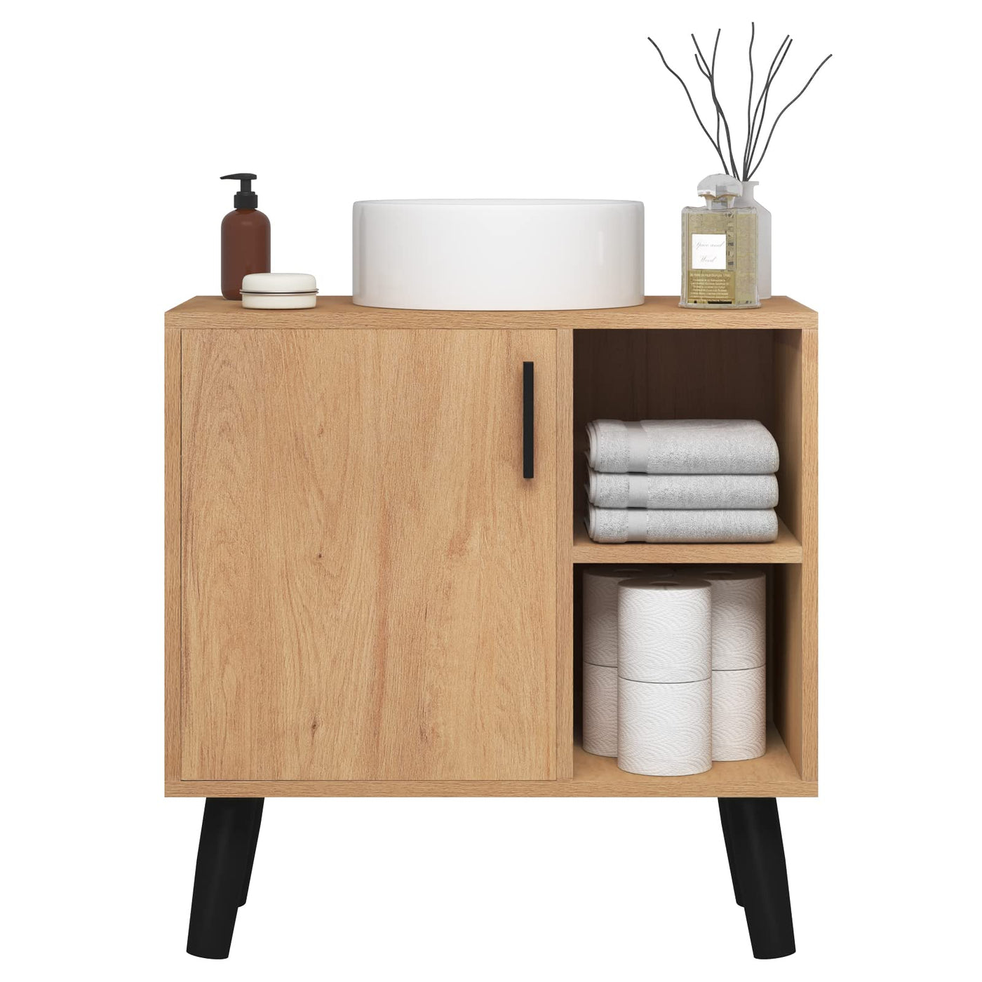 EUGAD Waschbeckenunterschrank mit Tür, Badezimmerschrank mit 2 offenen Ablagen, Schrank im Badezimmer, Unterschrank freistehend, Waschtischunterschrank