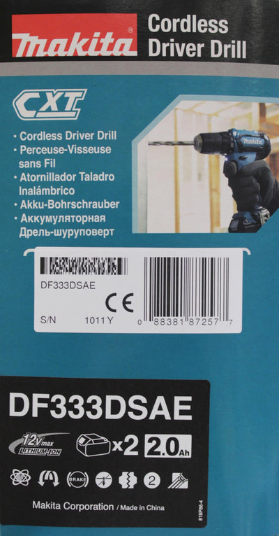 Makita DF333DSAE Akku-Bohrschrauber 12 V max. / 2,0 Ah, 2 Akkus + Ladegerät im Transportkoffer, Schwarz, Blau