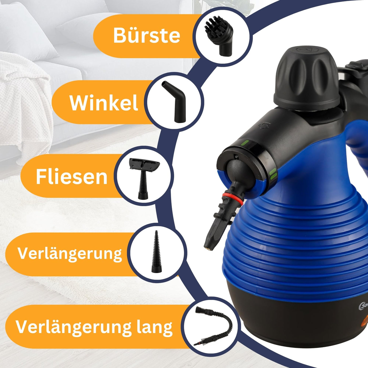 Sommertal SC350 - tragbarer Dampfreiniger inkl Zubehör – kompakter Hand-Dampfreiniger für Polstermöbel, Fliesen, Böden – Steam Cleaner - 350 ml, 110°C Dampf - nachhaltig ohne Chemie - GS geprüft