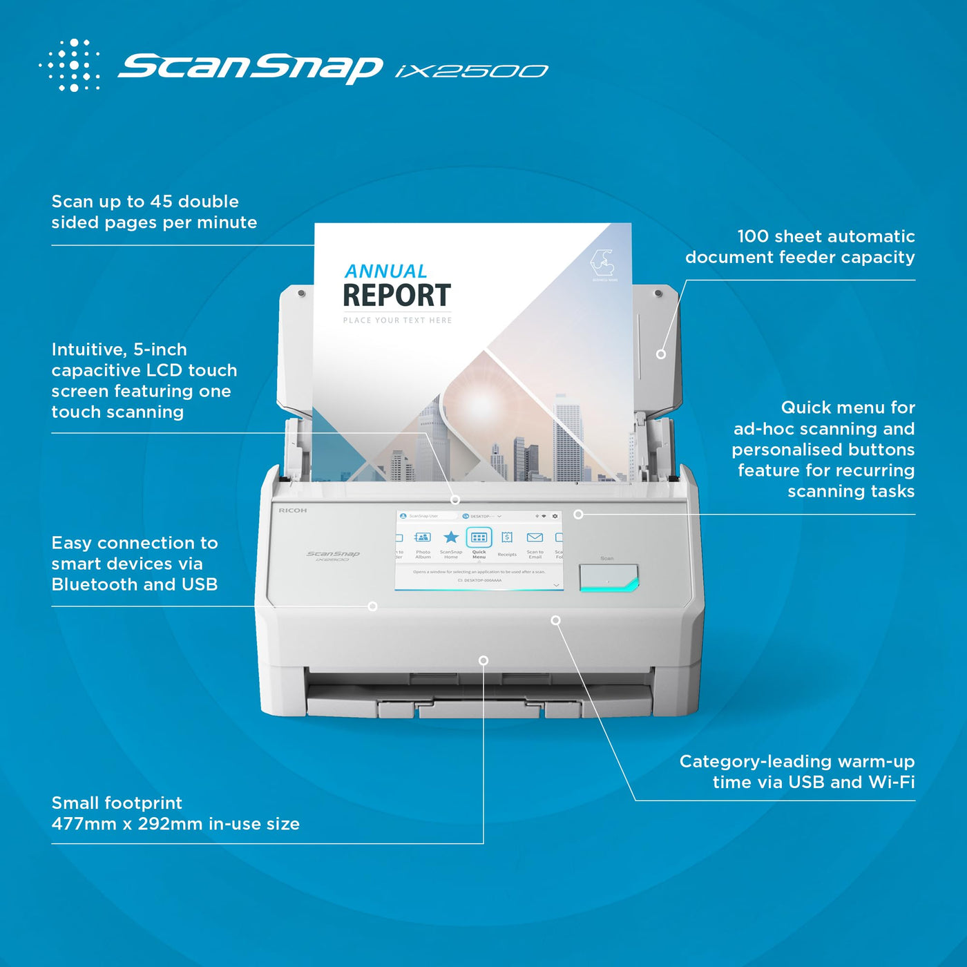 ScanSnap iX2500 Weiß – Ultraschneller Duplex-Scanner mit 45 S./Min., 100-Blatt-ADF, 600 DPI, 5″ Touchscreen, WLAN/Bluetooth/USB-Konnektivität