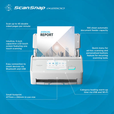 ScanSnap iX2500 Weiß – Ultraschneller Duplex-Scanner mit 45 S./Min., 100-Blatt-ADF, 600 DPI, 5″ Touchscreen, WLAN/Bluetooth/USB-Konnektivität