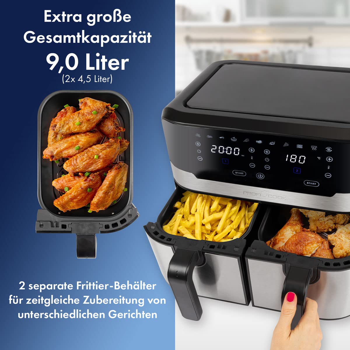 ProfiCook® Doppel-Heißluftfritteuse | 9 Liter | XXL Heißluftfritteuse Doppelkammer | Frittieren mit heißer Luft ohne zusätzliches Öl | 9 Programme | Air Fryer |Touchscreen | 2400 Watt | PC-FR 1242 H