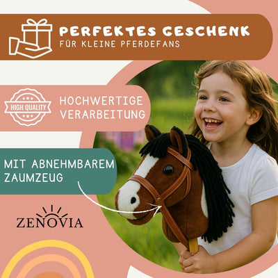 Zenovia Hobby Horse Steckenpferd Braun – Stockpferd für Kinder – ohne Räder & Griffe – Turniergeeignet – Abnehmbarer Stab – Geschenkverpackung – Reitspielzeug für drinnen & draußen
