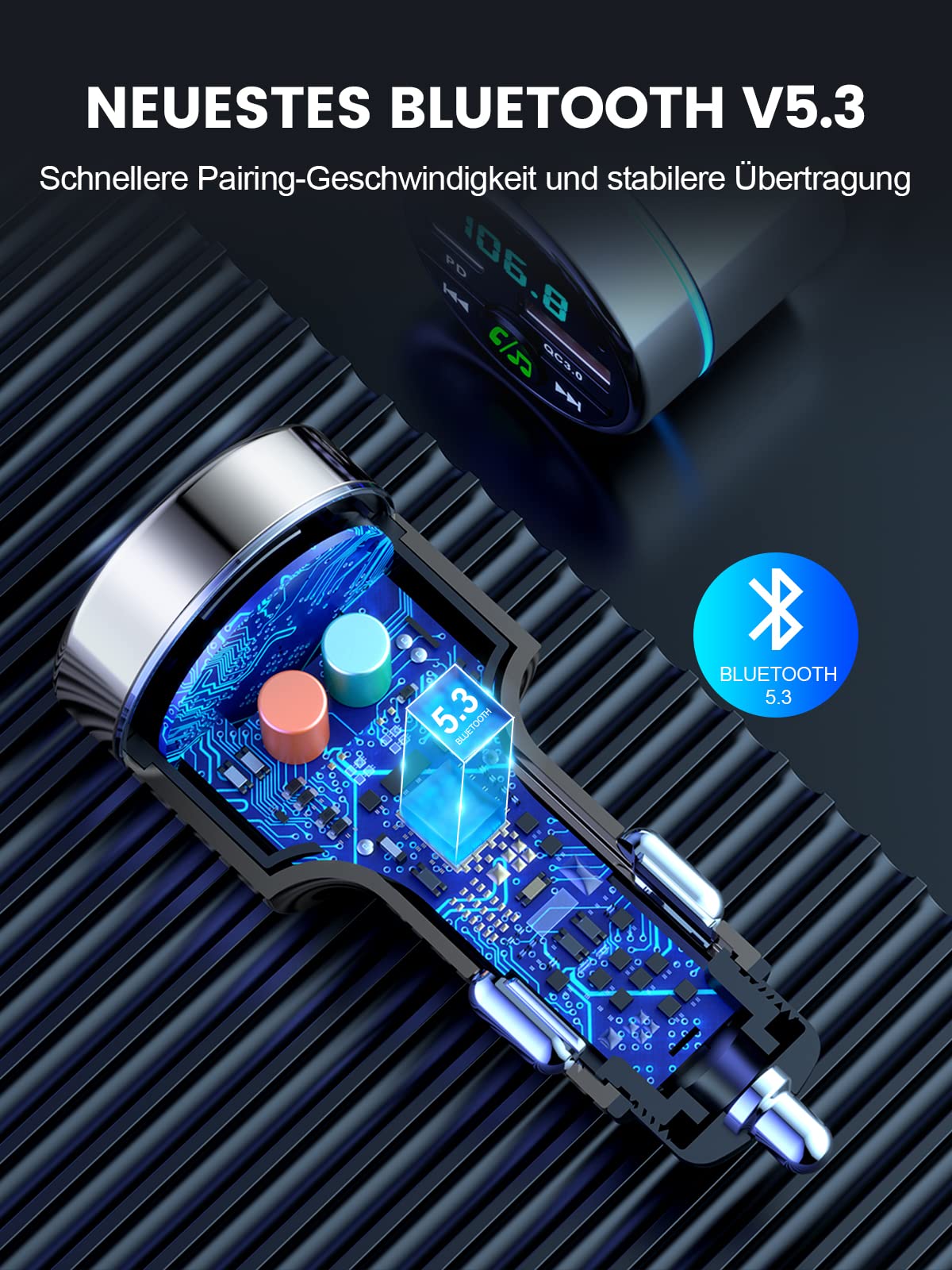 Mohard FM Transmitter Auto Bluetooth 5.3, Ganzmetall PD 30W & QC3.0 18W Schnelles Autoladegerät Zigarettenanzünder, KFZ Bluetooth Adapter Auto Freisprechanlage, Noise Cancelling Mikrofon, Ringlicht