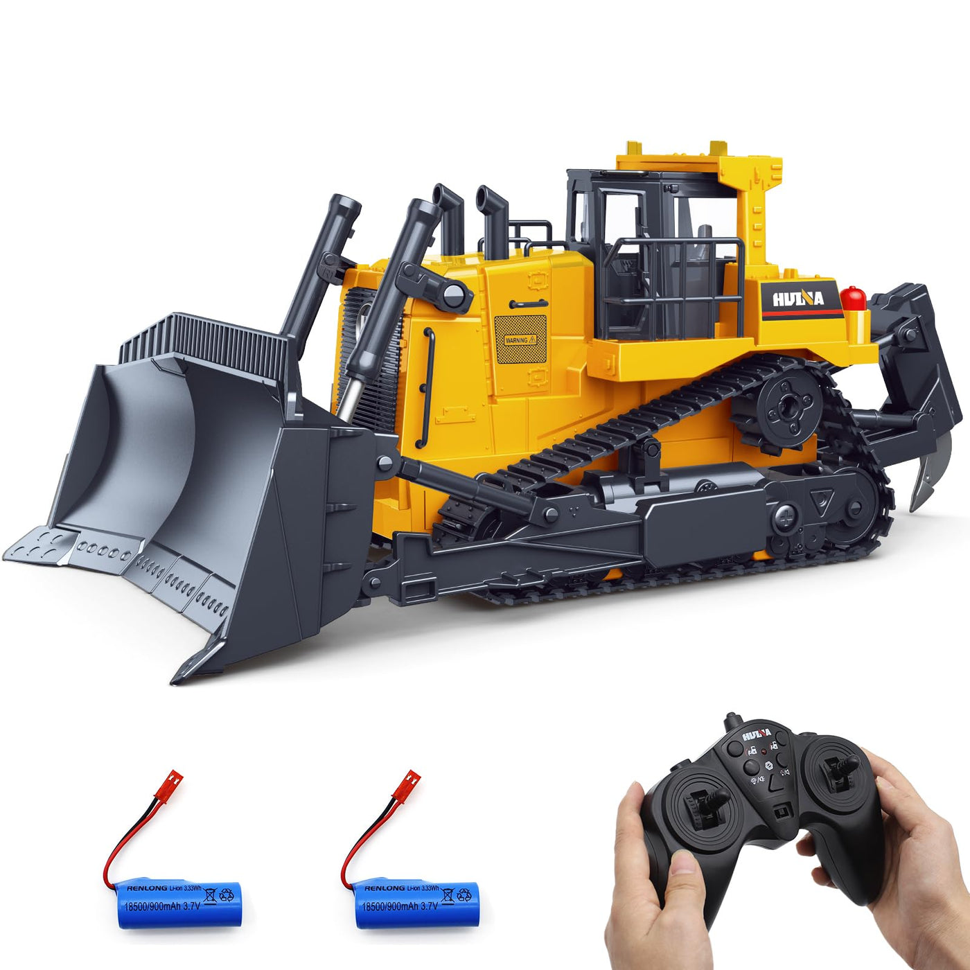 fisca RC Bulldozer, Ferngesteuerter 1/16 Voll Funktionsfähiges Baufahrzeug Ferngesteuerter Schwerer Bulldozer, 2.4 GHz 11-Kanal-Dozer-Frontlader-Spielzeug mit Licht und Sound für Kinder