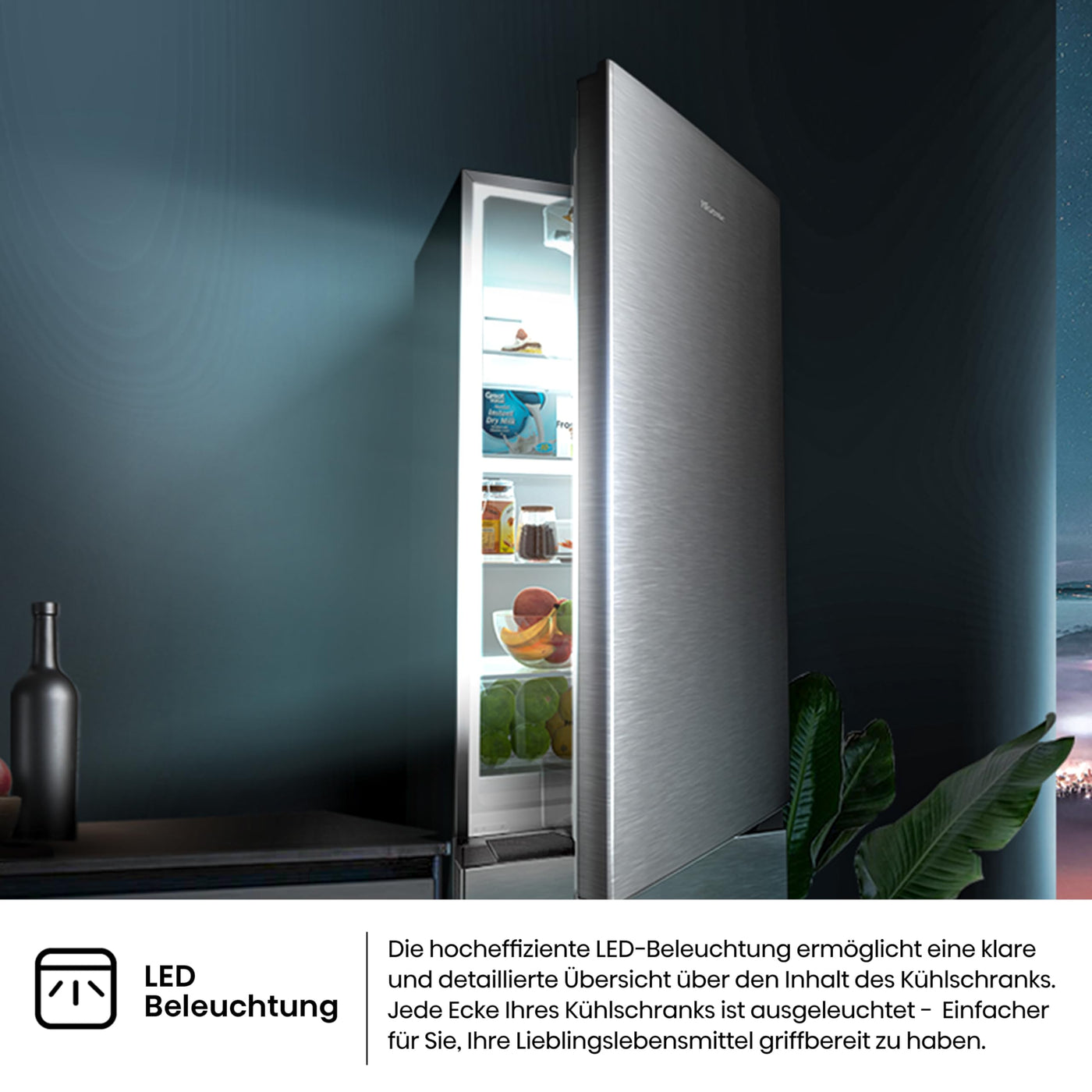 Hisense RB440N4ACA Kühl-Gefrier-Kombination/Höhe 201 cm/Kühlen 178 L/Gefrieren 98 L/LED Beleuchtung, Edelstahl