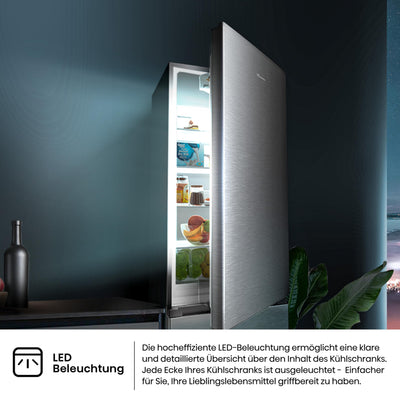 Hisense RB440N4ACA Kühl-Gefrier-Kombination/Höhe 201 cm/Kühlen 178 L/Gefrieren 98 L/LED Beleuchtung, Edelstahl
