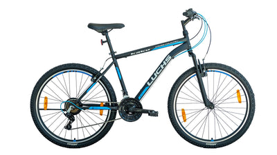 LUCHS "Kaku & Titan Mountainbike, MTB Jungen und Herrenfahrrad Vielseitiges Fahrrad mit 24", 26", 27.5" oder 29" und Federgabel (Schwarz/Blau, 26" Zoll (V-Brake))