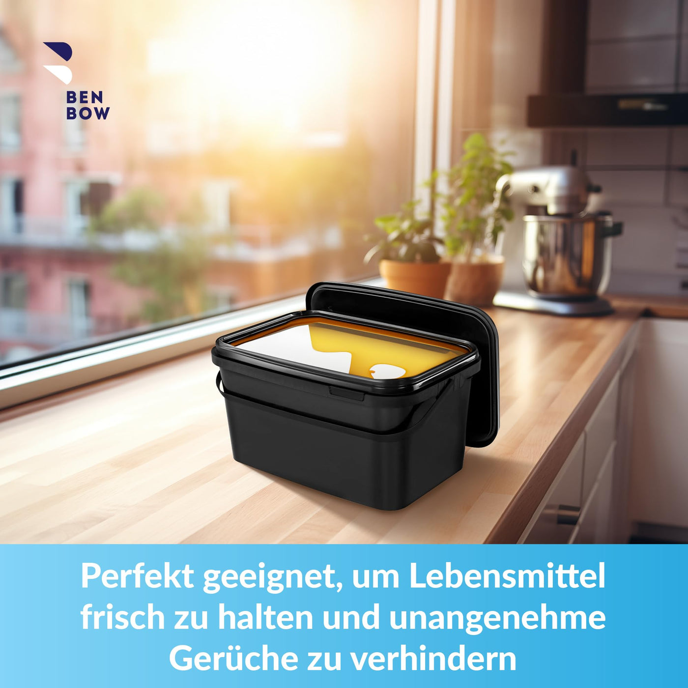 BenBow Rechteckiger Eimer mit Deckel 5X 5l schwarz - lebensmittelecht, stapelbare Kunststoffbox mit Henkel - luftdicht, auslaufsicher, geruchsneutral, ideal für Haushalt und Gewerbe - leer